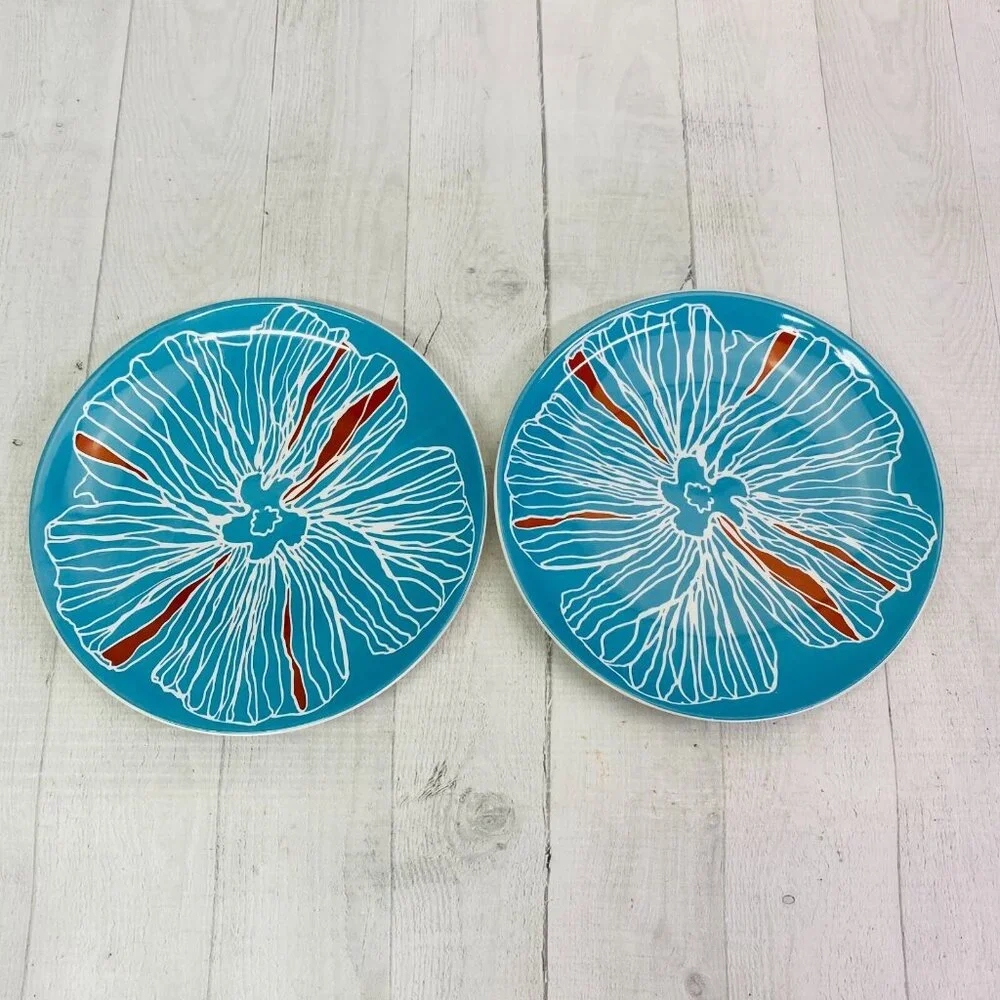 Ikea BULLRA 15199 Turquoise Red Floral Round Stoneware Lunch Salad Plates Set 6